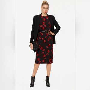 Vintage Silk Hand Beaded Black Red Floral Dress Sz 12